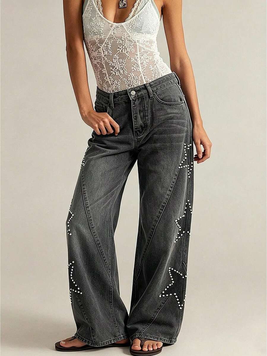 Women's Jeans With Pockets Stylish Mid Rise Casual Star Patch Wide Leg Denim Pants - Dark Grey - View 1