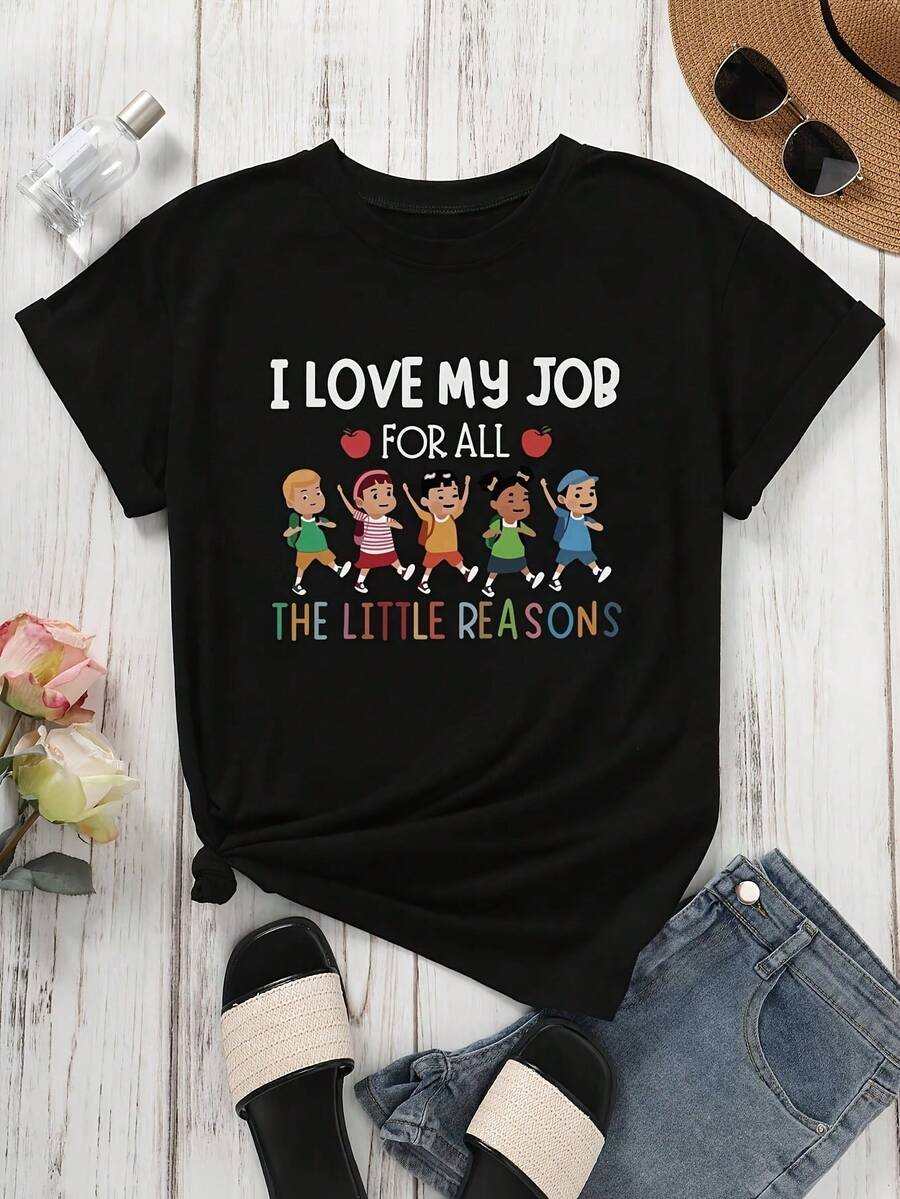 Women'S Casual Short Sleeve Round Neck T-Shirt With 'I Love My Job For All The Reasons' Graphic Print, Summer Teachers' Day Tee - 黑色 - 查看 1