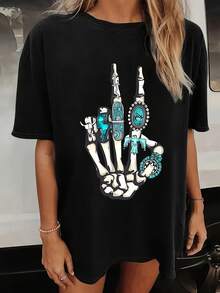 Women's Casual Black T-Shirt With Intricate Skull And Floral Graphic - Soft, Relaxed Fit Crew Neck Drop Shoulder Design For Spring & Summer Comfort, Summer Fashion|Bold Graphic Tee - 黑色 - 查看 1