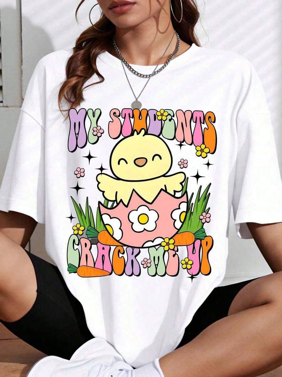 My Students Make Me Laugh Teacher T-Shirt With Easter Chick, Funny Spring Cartoon T-Shirt For Women, Gift For Teachers, Easter Holiday Clothes, Blouses For Women - 白色 - 查看 1