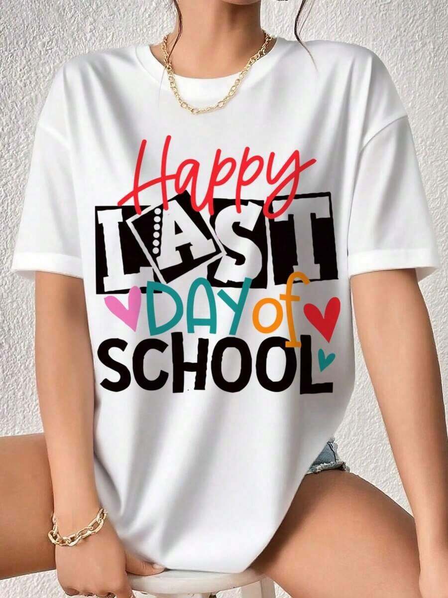 Korean Casual Loose T-Shirt, Funny School Day Graphic Tee - Last Day Of School T-Shirts For Women Teachers, School Graduation T-Shirt, Thank You Gift T-Shirt, Stylish And Comfortable Everyday Graphic Tee For Curvy Women - 白色 - 查看 1