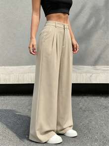Women's Solid Color Pleated Elastic Waist Wide Leg Pants - Khaki - View 4