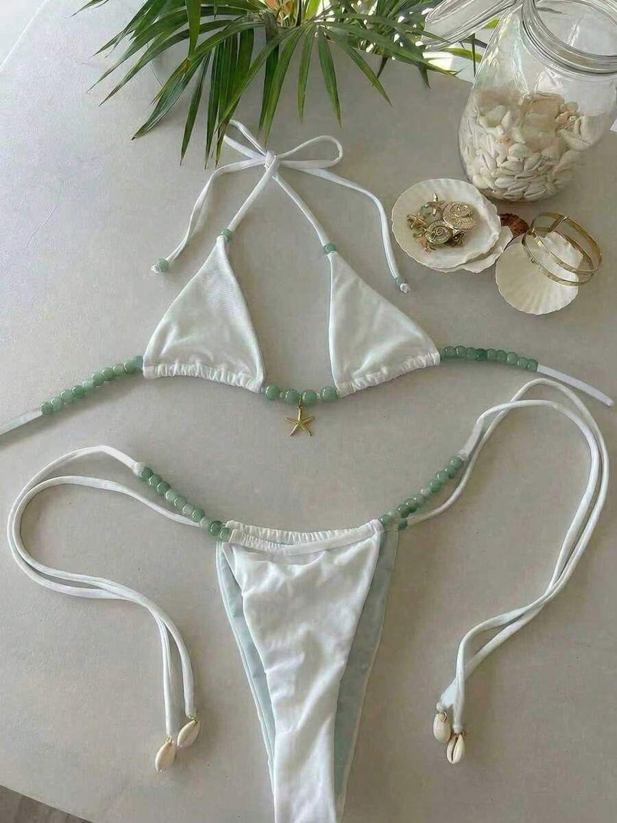 Bikini de mujer de color verde sólido con cuentas, con diseño de frente retorcido, de alta elasticidad para playa/piscina, uso en vacaciones de primavera/verano, color blanco - Blanco - Ver 1