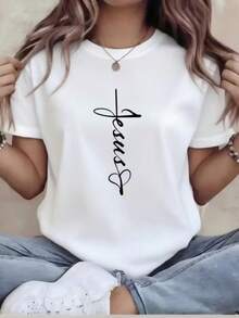 Women's T-Shirts, Plus Size Casual T-Shirts For Women, Crew Neck T-Shirts For Women, Funny Print T-Shirts, Loose Fit Casual T-Shirts, T-Shirts With Cross And Sacred Heart Of Jesus Print, Machine Washable, Casual And Stylish, Versatile, Perfect For Summer, Crew Neck, A Wonderful Gift. - 白色 - 查看 1