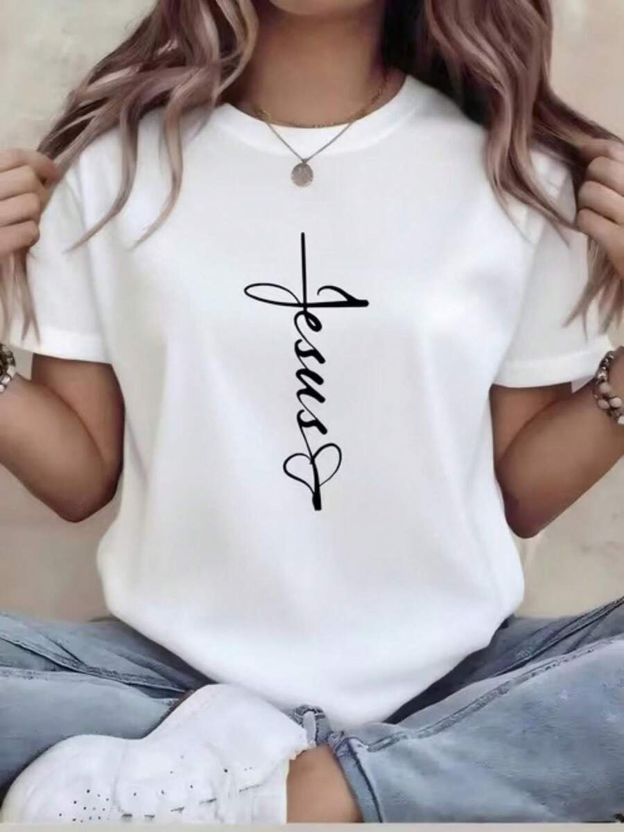 Women's T-Shirts, Plus Size Casual T-Shirts For Women, Crew Neck T-Shirts For Women, Funny Print T-Shirts, Loose Fit Casual T-Shirts, T-Shirts With Cross And Sacred Heart Of Jesus Print, Machine Washable, Casual And Stylish, Versatile, Perfect For Summer, Crew Neck, A Wonderful Gift. - 白色 - 查看 1