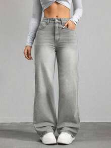 Jeans de mezclilla de pierna ancha recta de diseño simple con cintura alta para mujeres a la moda - verde militar 2 - Ver 6
