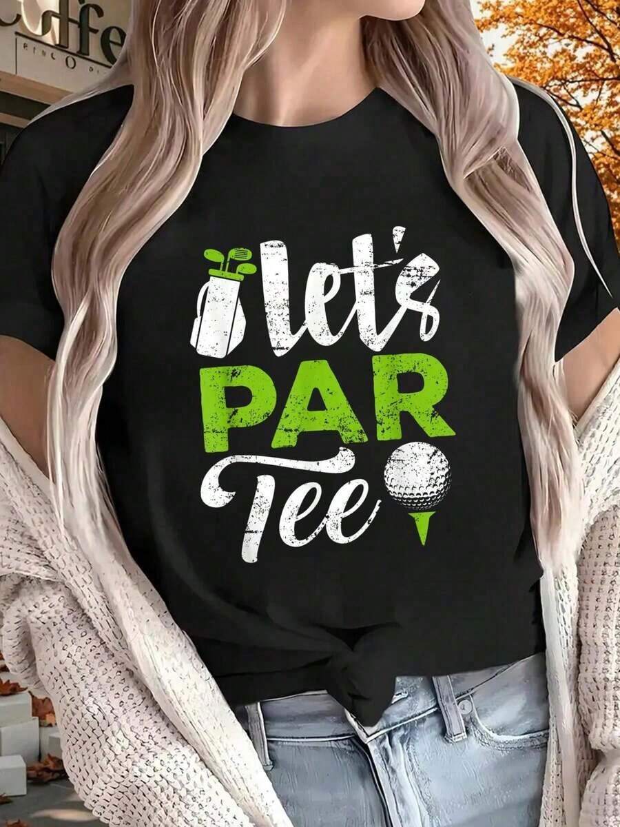 Let's Par Tee 100% Cotton Golf T-Shirt For Golfers, Men And Women, Fashionable Summer T-Shirt For Women, Short Sleeve Printed T-Shirt, Round Neck, Casual, Women's Clothing. - 黑色 - 查看 1