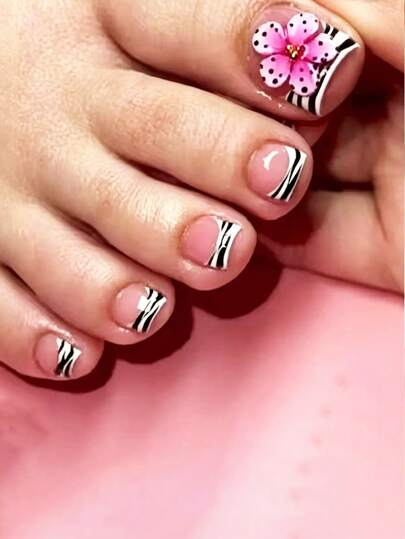 24 pezzi Adesivi per unghie dei piedi con motivo a zebre e sakura, manicure francese corta e dolce per ragazze, design 3D con fiori di ciliegio rosa, riutilizzabili per spiaggia/sandali/feste in piscina estive