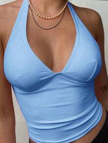 Moderno top sólido con diseño calado, cuello halter y escote en V para mujer - Azul - Ver 3