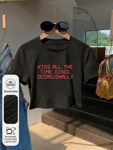 Camiseta de manga corta con estampado gráfico de moda para mujer, estilo Y2K, con estampado de "Kiss All The Time Disco Occasionally", cuello redondo, manga corta, informal, para verano, camiseta de concierto de la gira del álbum de Harry. Camiseta sencilla para uso diario - Negro - Ver 3