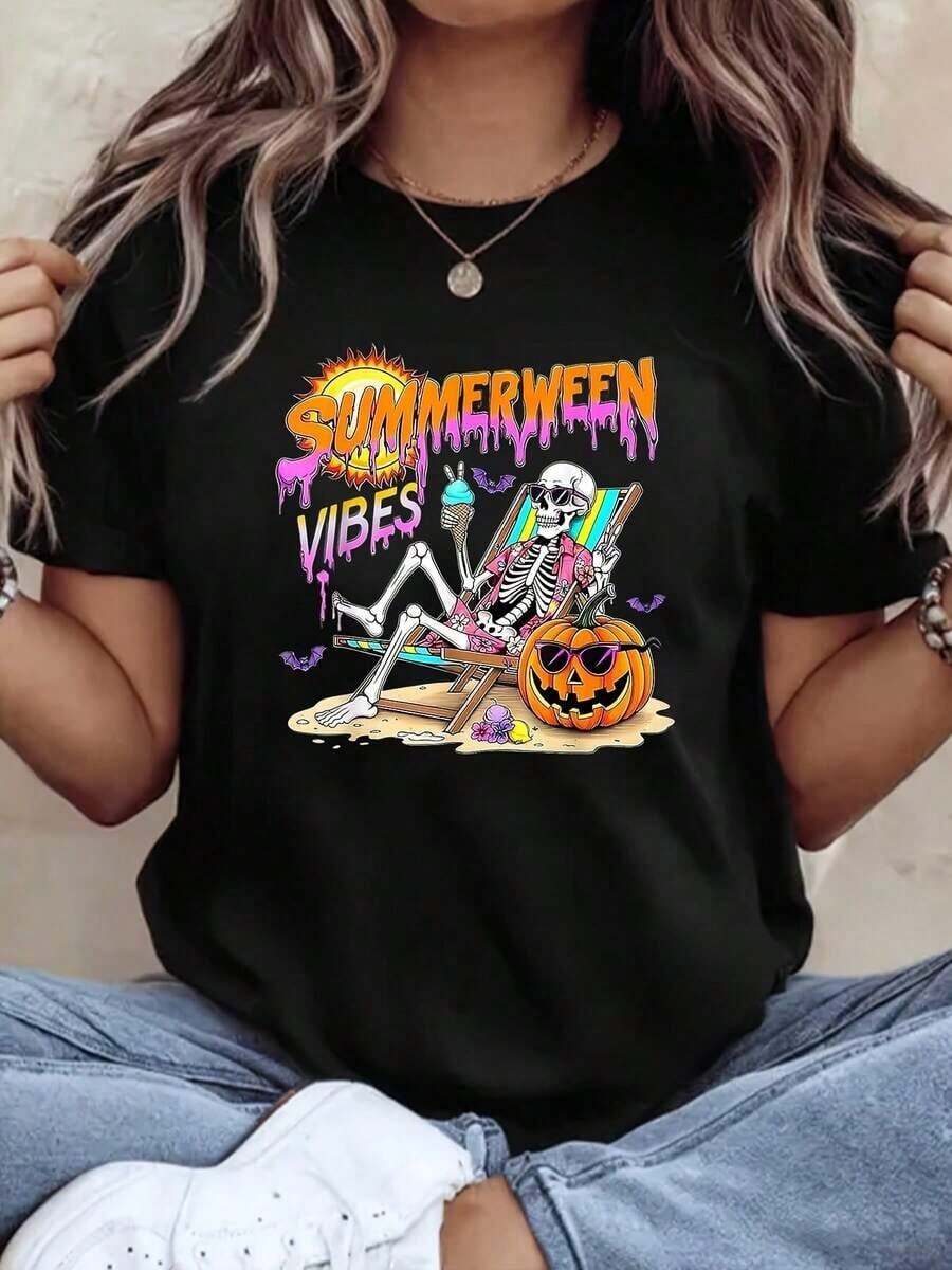 Women's Vibrant Summerween Graphic Casual T-Shirt, Oversized Taco Print, Round Neck, Short Sleeves, Perfect For Everyday Wear, Bohemian T-Shirt, Women's Blouses - 黑色 - 查看 1