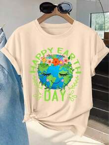 Soft 100% Cotton T-Shirt. Women's Short-Sleeved T-Shirt, 100% Pure Cotton, New Summer Style, With Earth Day Print, Crew Neck, Machine Washable, Skin-Friendly, Soft And Breathable, Suitable For Spring, Summer, And Fall. Stylish And Machine Washable. A Great Gift For Family, Siblings, Friends, Parents, Or Teachers. Breathable Cotton T-Shirt, Goes With Everything. - 杏色 - 查看 1