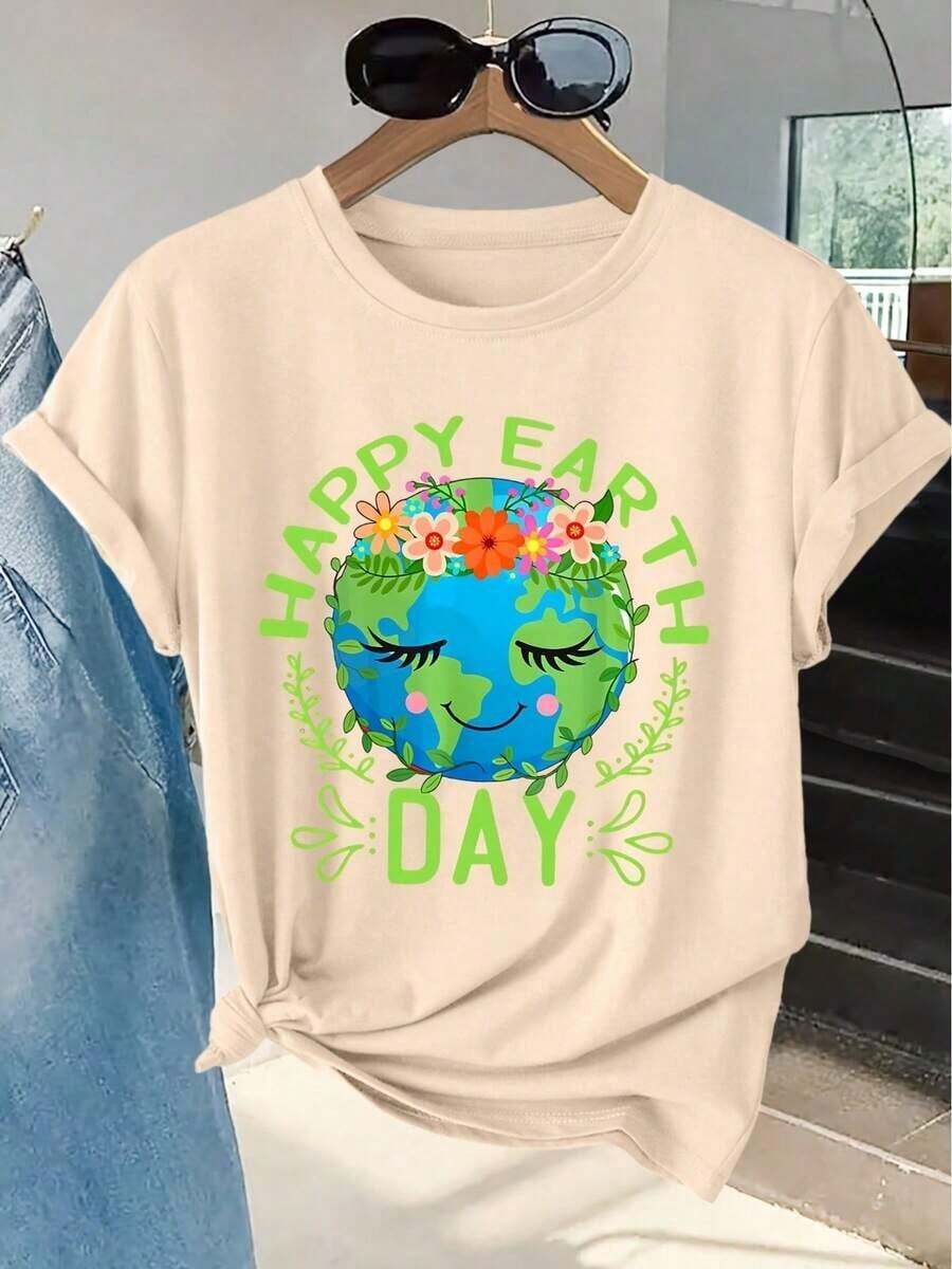 Soft 100% Cotton T-Shirt. Women's Short-Sleeved T-Shirt, 100% Pure Cotton, New Summer Style, With Earth Day Print, Crew Neck, Machine Washable, Skin-Friendly, Soft And Breathable, Suitable For Spring, Summer, And Fall. Stylish And Machine Washable. A Great Gift For Family, Siblings, Friends, Parents, Or Teachers. Breathable Cotton T-Shirt, Goes With Everything. - 杏色 - 查看 1