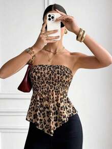 Top bandeau con volantes y estampado de leopardo, top sin tirantes, top de estilo vacacional sexy y elegante para mujer - Multicolor - Ver 7