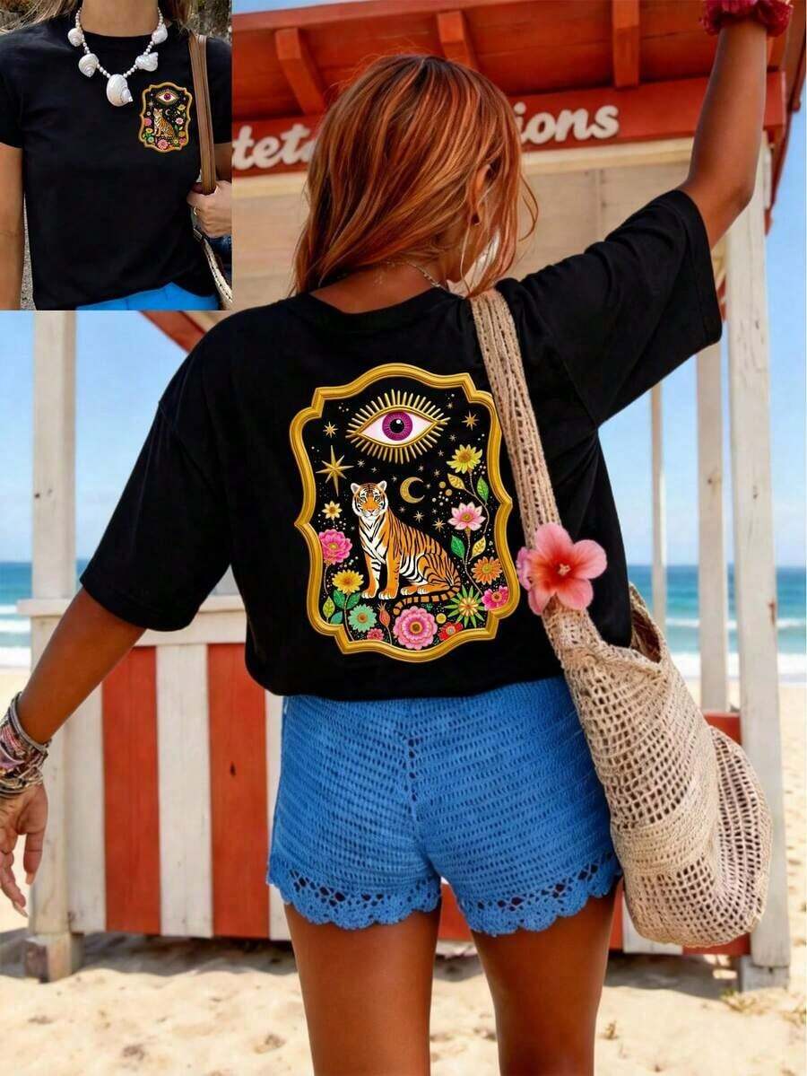 Camiseta casual de mujer, Camiseta de arte de tigre misterioso - Camiseta surrealista, Camiseta de tigre rosa y dorado para verano(Sweet and refreshing, for teenagers, unisex) - Negro - Ver 1