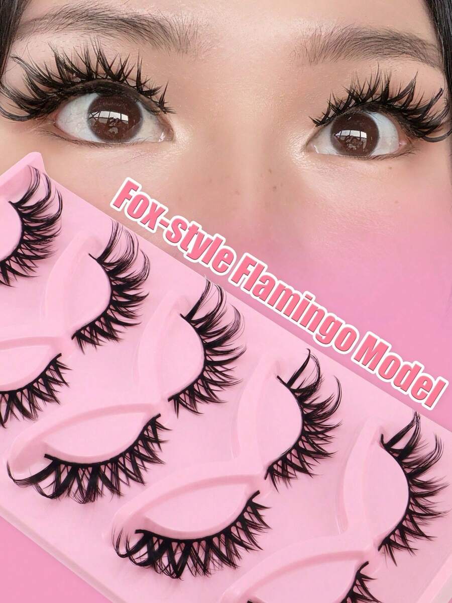 5 Pairs Fox-Inspired Wet-Look Flared Winged Fluffy Curled DD Curl Wispy Lightweight False Eyelashes, European And American Style Big Eyes - View 1