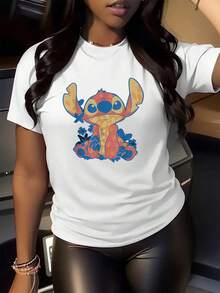 Colorful Image Of A Blue Character With Large Ears Surrounded By Tropical Flowers Conveying A Cheerful And Summery Feeling, Ideal For A Relaxed Casual Women's T-Shirt Look - 白色 - 查看 2