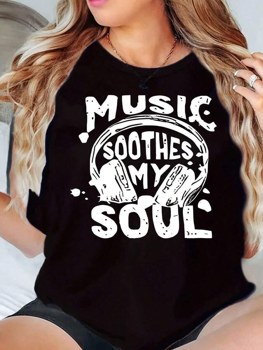 New Arrivals For Summer. Women's Round Neck T-Shirt, Graphic Print "Music Calms My Soul", Casual Loose Fit, Blouse, Shirt > Beautiful. - 黑色 - 查看 1