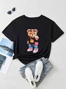 Camiseta Casual de Verano para Mujer con Estampado de Oso de Dibujos Animados, Cuello Redondo, Manga Corta, Camisetas Gráficas, Tops para Mujer, Camiseta de Algodón - Negro - Ver 4
