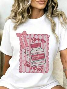 You're Too Sweet - Lispro Insulin Injection Bottle And Syringe Design T-Shirt For Diabetes Awareness, Cute Pink Striped Pattern With Bow And Hearts, Fashionable Casual Top For Women - 白色 - View 7