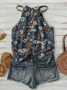 Camiseta de tirantes con cuello halter con estampado floral pequeño, adecuada para primavera y verano - Multicolor - Ver 2