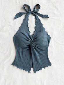 Camiseta sin tirantes sexy y con estilo, con nudo, bajo con abertura y espalda abierta - Niebla azul - Ver 4