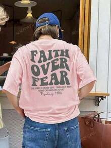 "Faith Over Fear" Double Print T-Shirt - Short-Sleeve Crew Neck Pure Cotton T-Shirt,  Holiday Style, A Daily Essential. Holiday Outfits, Simple Retro Street Style Top. Everyday Campus Wear For Men And Women - Comfortable Loose Fit Cotton Vintage Street Style T-Shirt - 羅莎 - 查看 7
