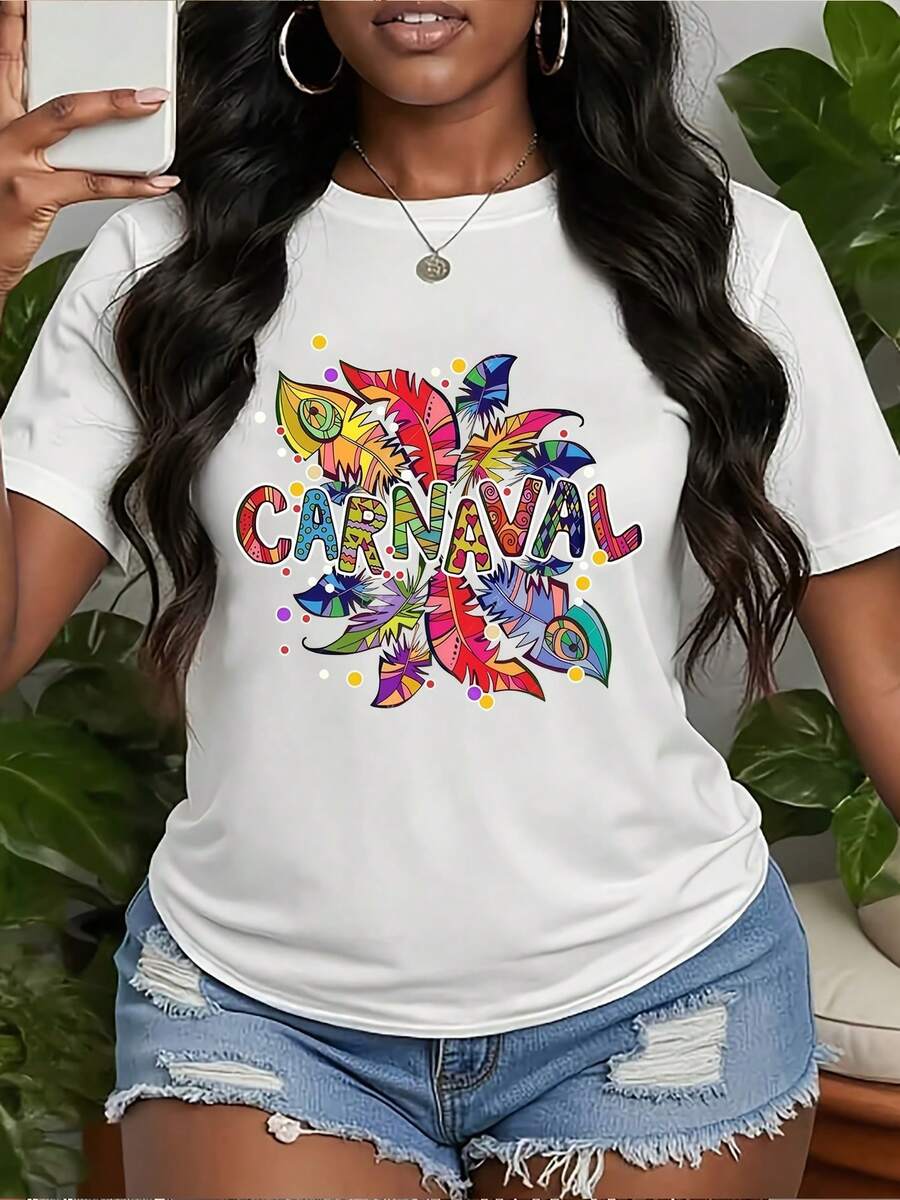 Women's Short Sleeve Blouse "CARNIVAL" Carnival Print - Multicolor Festival Outfit, Round Neck And Loose Fit, Machine Washable And Breathable For Spring, Summer And Autumn (Sizes S-XXL) - Casual Wear And For Themed Events All Year Round - 白色 - 查看 1