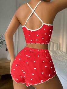 pijama / Pijama con estampado de corazón, ribete contrastante y lazo delantero - Rojo - Ver 2