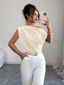 Blusa de unicolor con cuello asimétrico y plisado a la moda para mujeres - Albaricoque - Ver 7