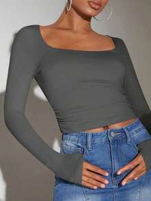 Camiseta crop de cuello cuadrado fruncido lateral - Gris Oscuro - Ver 5