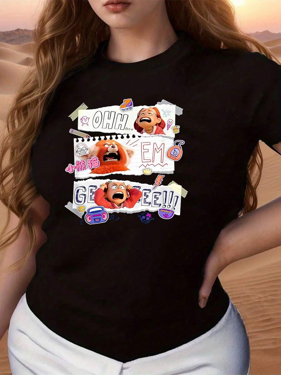 Fun Illustration With Expressions Of Surprise And Tenderness Of A Girl And A Red Panda Showing Joyful Emotions. Comfortable Casual Women's T-Shirt For Everyday Wear. - 黑色 - 查看 1