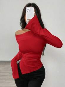 Women's Winter Sweater With A Plunging Neckline, Can Be Worn With An Asymmetrical Collar, Asymmetrical Hem, Knitted Top. - 紅色 - 查看 6