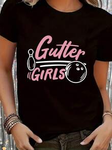 Women's Casual Bowling Print Short Sleeve T-Shirt, Knit Crew Neck, Regular Fit, 95% Polyester 5% Elastane, All Season T-Shirt - 黑色 - 查看 1