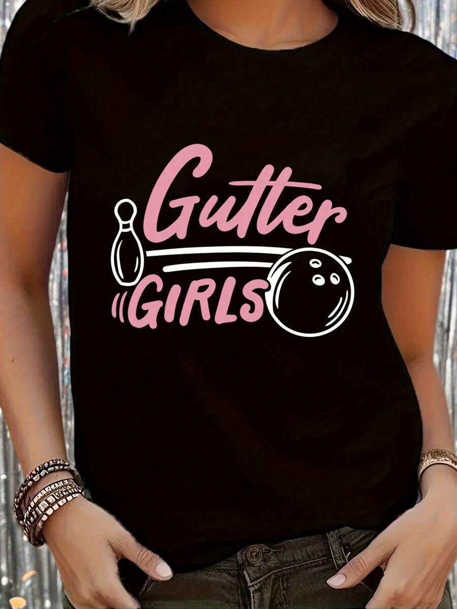 Women's Casual Bowling Print Short Sleeve T-Shirt, Knit Crew Neck, Regular Fit, 95% Polyester 5% Elastane, All Season T-Shirt - 黑色 - 查看 1