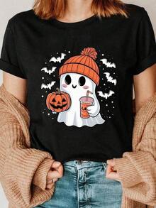 Halloween, Day Of The Dead Women's Plus Size Graphic T-Shirt - Pumpkin And Bat Print, Loose Fit With Short Sleeves And Crew Neck, Breathable Sweat-Wicking Fabric, Unisex Gift For Spring, Summer And Year-Round Wear - 黑色 - 查看 7