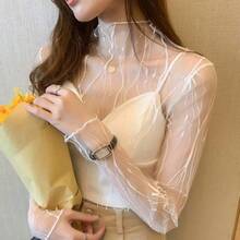 Camiseta Sexy de línea negra para mujer, Top transparente de encaje de manga larga para mujer, camisas de fondo de cuello alto de malla transparente, ropa - línea blanca - Ver 1
