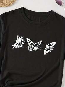 100% cotton Camiseta de Cuello Redondo con Estampado de Mariposa, Top Casual de Manga Corta para Primavera y Verano, Ropa de Mujer - Negro - Ver 3