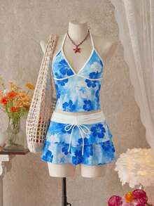 Women's 3-Piece Spring/Summer Outfit: Floral Print Skirt/Tunic, Color Block, Bow And Ruffles For Beach Music Festivals - 多色 4 - 查看 12