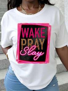 Women's Neon Pink Leopard Print T-Shirt "Wake Pray Slay", Fashion Top, Casual Wear, Motivational T-Shirt, Summer Outfit - 白色 - 查看 6