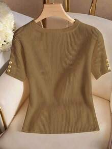 Elegante camiseta de punto de cuello redondo, top de punto minimalista de moda, primavera/verano - Marrón - Ver 2