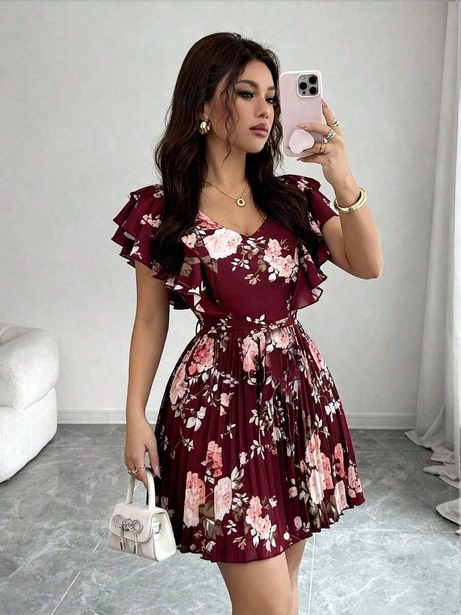 Vestido elegante y romántico para vacaciones con cuello en V con volantes, cintura ceñida y estampado floral en corte evasé para mujeres - Multicolor 8 - Ver 1