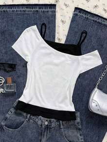 Camiseta de manga corta con estampado de gato negro asomándose en contraste de color, estilo casual y retro, adecuada para el verano - Blanco - Ver 2