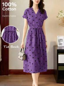 Vestido casual elegante y vintage con estampado de lunares, con bolsillos y lazo en la espalda, silueta minimalista pero refinada de corte evasé con cintura anudada, vestido versátil para oficina/ocasión, conjunto bohemio de lunares para vacaciones, primavera/verano rojo - Morado - Ver 4