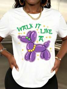 Camiseta de manga corta con cuello redondo y estampado de animales inflables con la frase "Walk It Like A Dog" para mujer, 100% algodón, estilo casual para fiestas y festivales. - Estilo - Ver 7