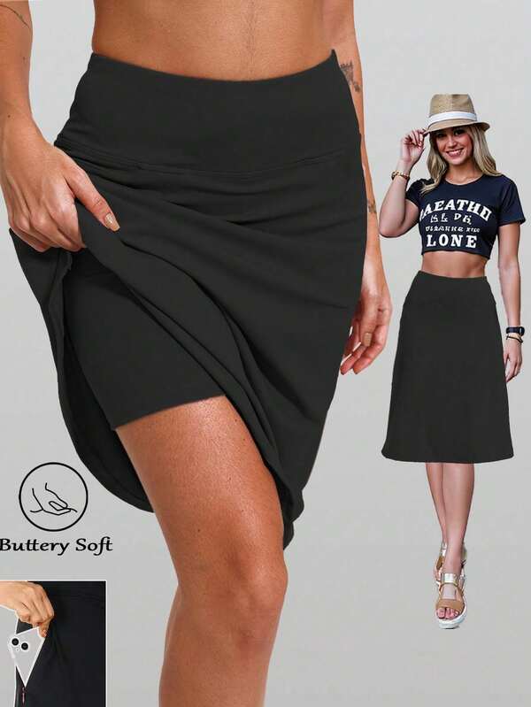 Women's 25-Inch Knee-Length Tennis Skirt With Built-In Shorts, Golf Skirt With Zipper Pockets, Outdoor, Vacation, Sports, Summer
