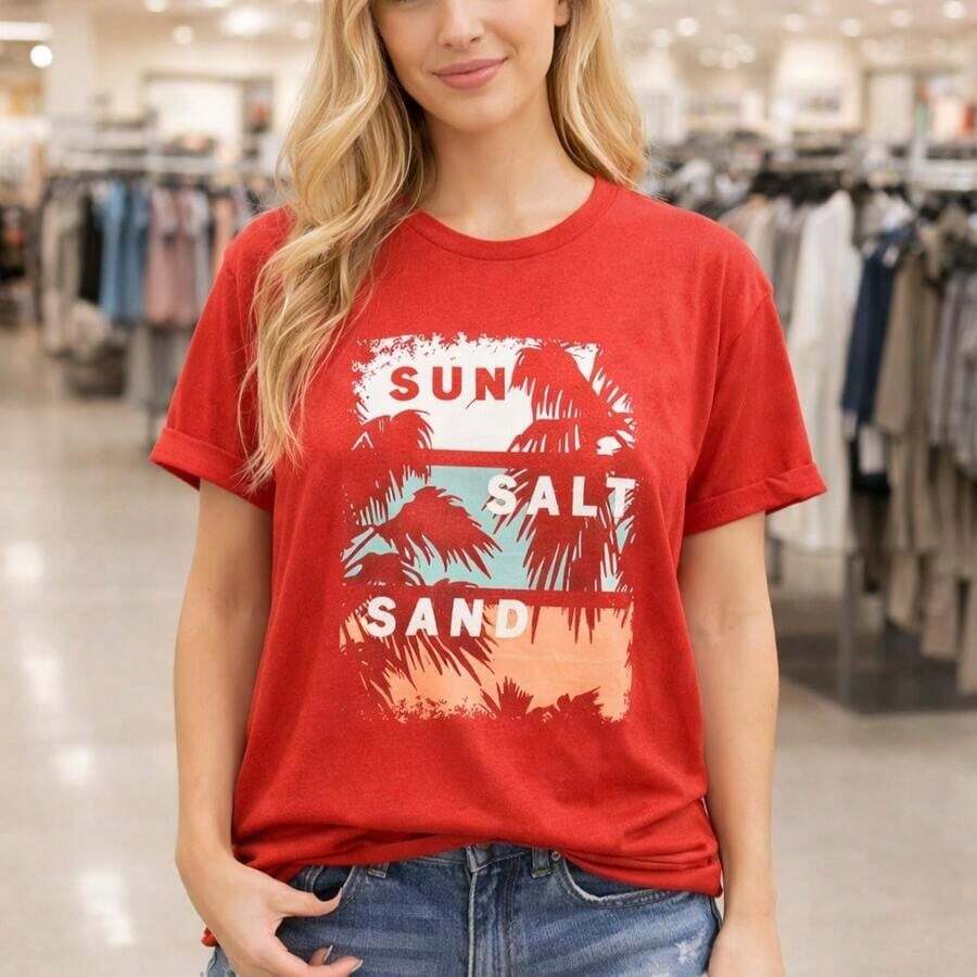 Women's Plus Size Graphic T-Shirt With Sun, Salt And Sand Print, Loose Fit Short Sleeve Cotton T-Shirt, Casual Summer Vacation Top, Vintage Palm Tree Print, Relaxed Crew Neck T-Shirt For Beach Outfits, Suitable For Spring, Summer And Autumn - 紅色 - 查看 1