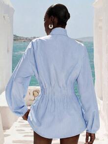 Camisa azul cielo de estilo francés elegante, holgada, con mangas cortas acampanadas, lazo delantero y pliegues, adecuada para el trayecto al trabajo y citas en primavera/verano - Celeste - Ver 4