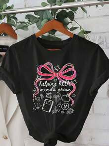 Camiseta con Estampado Gr£fico "Ayuda a que los Corazones Pequeos Crezcan", Manga Corta, Cuello Redondo, Estilo Casual, Primavera y Verano, para Mujer, Estilo de Trabajo, Duradera y Cmoda, Verano Tropical, Ropa de Vacaciones - Negro - Ver 2