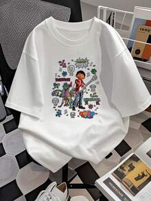 Colorful Illustration Inspired By The Day Of The Dead Celebration With Cartoon Characters, Guitars, Skulls, Flowers, And Musical Notes That Convey Joy And Love For Music. Comfortable And Modern Women's T-Shirt For Casual Wear - 白色 - 查看 2
